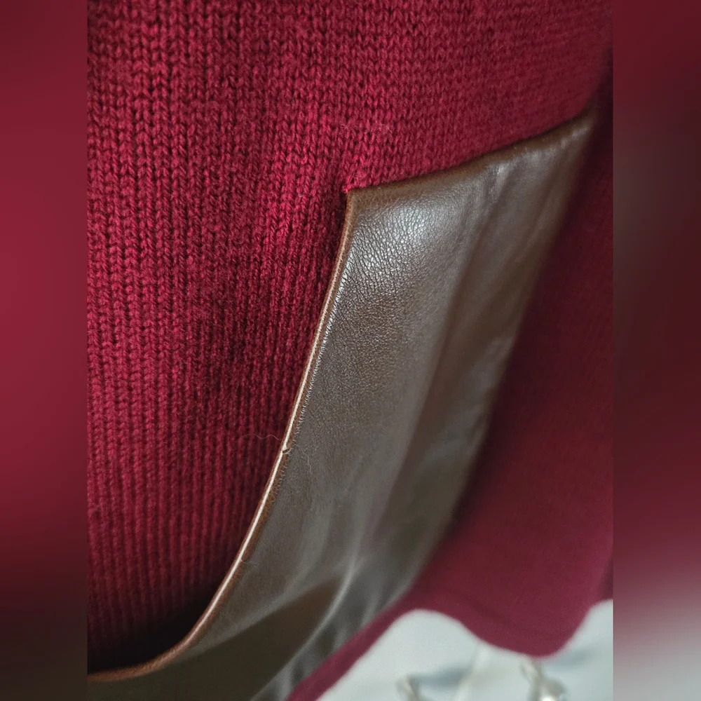 J.Crew Merino Wool Burgundy Sweater Faux Leather Pockets Size L